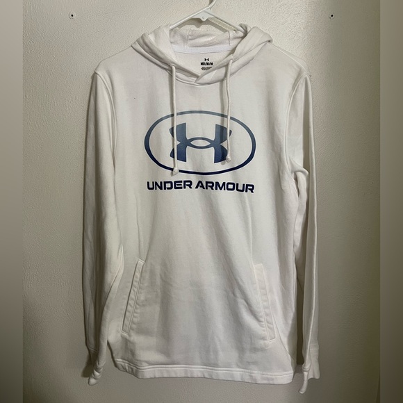 Under Armour Other - UNDER ARMOUR‎ Classic Logo Graphic Hooded Long Sleeve T White Blue Men's Size M